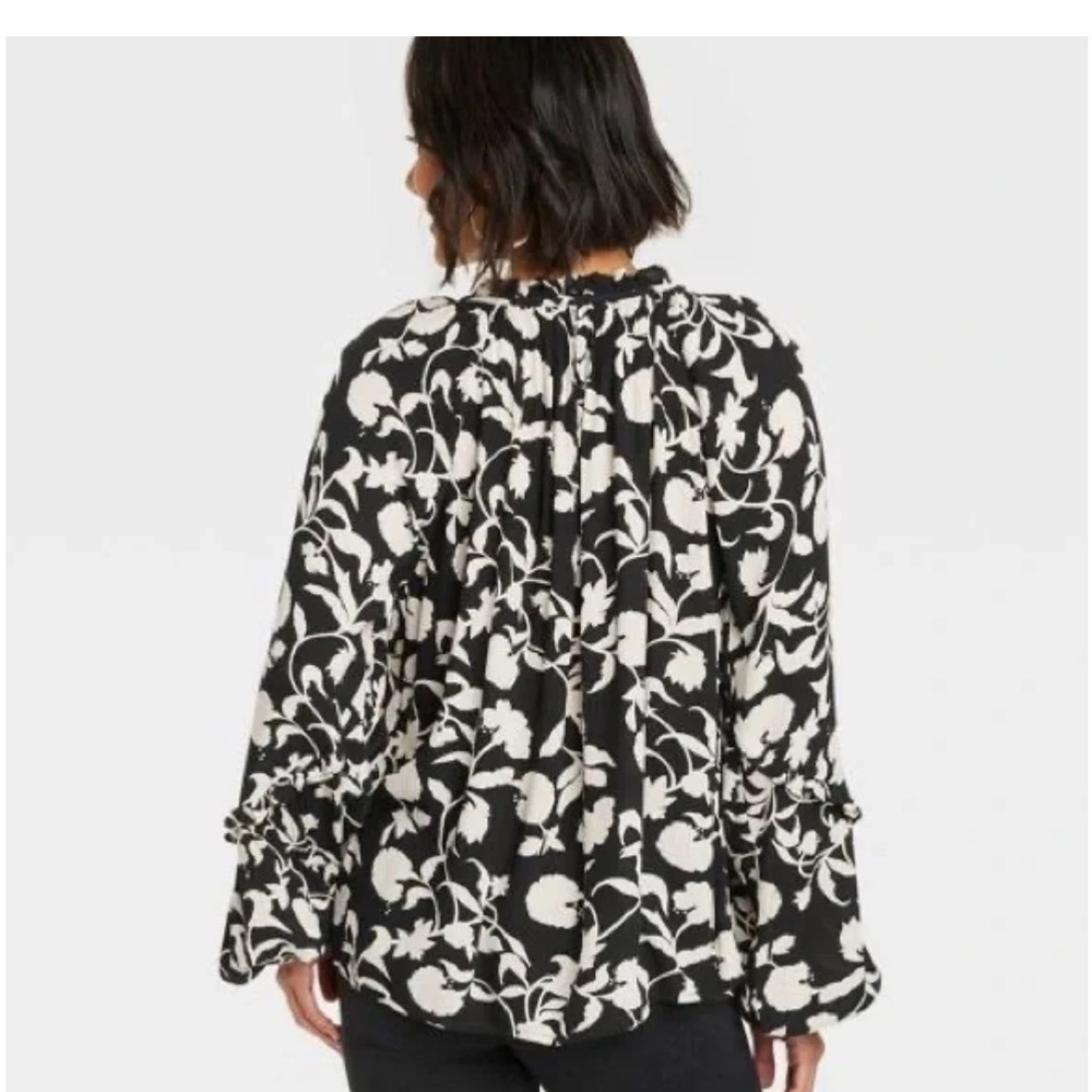Knox Rose Balloon Sleeve Tassel Top Black and Cream Floral Flowy Swingy Sz XXL - Picture 2 of 10